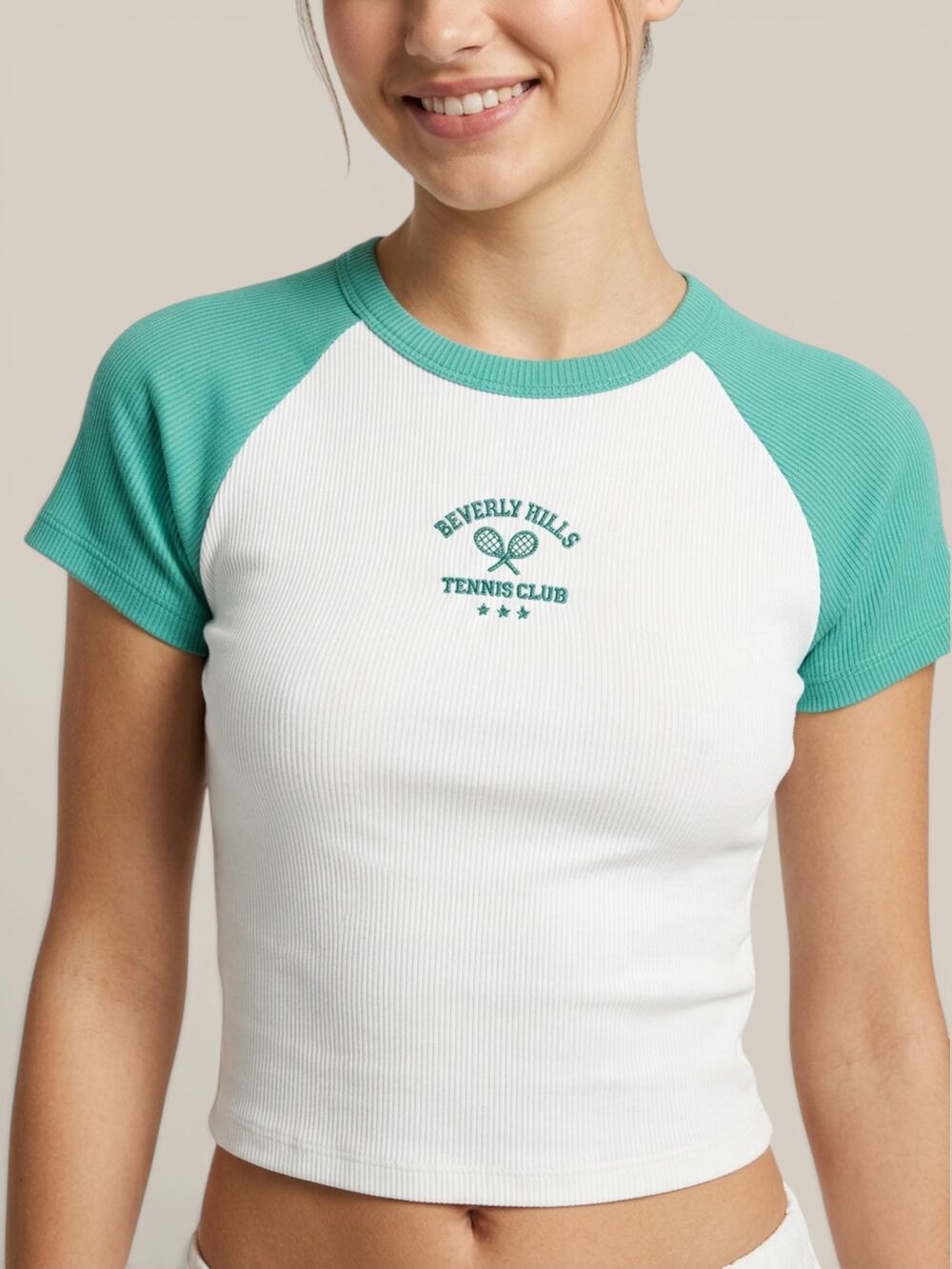 Full Tilt Tennis Club Embroidered Raglan Crop Top White Green Juniors Small